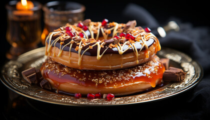 Poster - Gourmet dessert homemade chocolate donut on a rustic wooden plate generated by AI