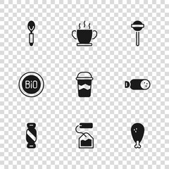 Canvas Print - Set Tea bag, Salami sausage, Chicken leg, Coffee cup to go, Lollipop, Spoon, Bowl hot soup and Banner for bio icon. Vector