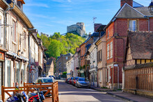 Timbered Houses In The Norman Town Of Les Andelys, Overlooked By The Ruins Of Château Gaillard, A Medieval Castle Built By The King Of England Richard The Lionheart In Normandy, France