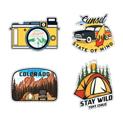 Wall Mural - Camping Adventures badges big set designs with mountains, camper car, Colorado state. Travel logo graphics. Stock vector retro camp labels