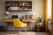 Modern home office featuring a streamlined wooden desk, a vintage swivel chair upholstered in mustard yellow fabric, and a geometric bookshelf filled with design books and decorative objects.