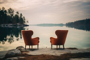 Wall Mural - a pair of chairs overlooking a serene lake