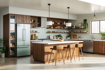 Modern kitchen with flat-panel walnut cabinets, white quartz countertops, a retro-style Smeg refrigerator, and a trio of pendant lights with an organic shape hanging above the island