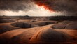 The endless great ashdesert dunes arid dry inhospitable few bleached bones black clouds red sun 