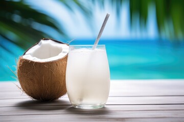 Wall Mural - a coconut with a straw showing coconut water inside