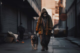 Fototapeta  - Homeless man walking down street with his friend dog. Concept friendship lifestyle. Generation AI.
