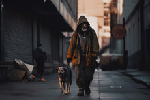 Homeless Man Walking Down Street With His Friend Dog. Concept Friendship Lifestyle. Generation AI.