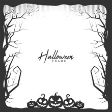 Halloween Grunge Frame With Halftone Dead Tree And Spider Net