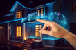 © Marcelo - Hand finger touching a virtual screen displaying some icons to control a house, future technology concept