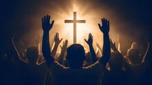 Christian Worship God Together Hold Hands And Hugs Warmth In Church, Sun Light Background With Sunset. Concept Banner Easter Resurrection. Generation AI