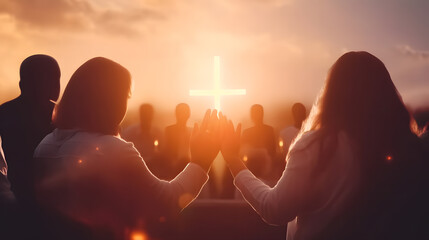 Wall Mural - Christian worship God together hold hands and hugs warmth in Church, sun light background with sunset. Concept banner easter resurrection. Generation AI