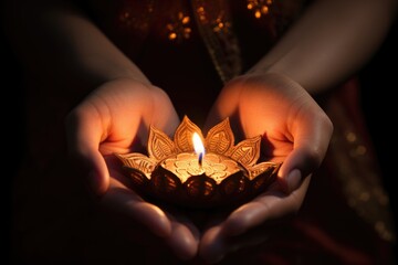 close-up of hands holding a lit clay diya