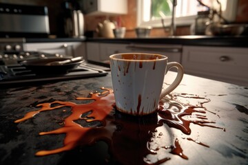 Sticker - a cup of spilt coffee on a kitchen countertop