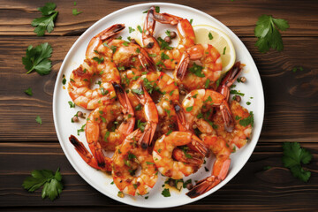 Wall Mural - grilled shrimp with chopped parsley on white plate and on wooden table