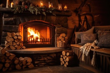 Sticker - a cozy fireplace with burning wood logs