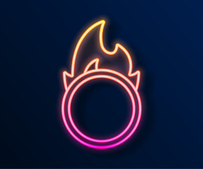 Canvas Print - Glowing neon line Circus fire hoop icon isolated on black background. Ring of fire flame. Round fiery frame. Vector