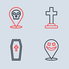 Wall Mural - Set line Tombstone with cross, Coffin christian, Happy Halloween holiday and Skull icon. Vector