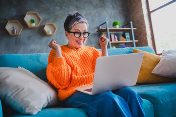 Poster - Photo of sweet lucky mature lady dressed orange sweater winning game modern gadget indoors house room