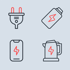 Poster - Set line Battery charge, Mobile phone, Electric kettle and plug icon. Vector