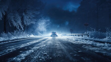 A car drives on a frozen road at night in winter. Danger of black ice