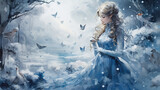 Illustration of an ice princess in a dress in winter