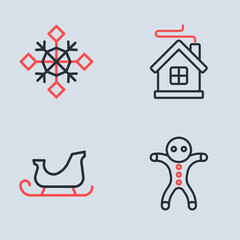 Sticker - Set line Merry Christmas house, santa claus sleigh, Holiday gingerbread man cookie and Snowflake icon. Vector