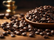 Roasted coffe beans on classic pottery for background and texture, advertise, Fresh Aromatic.