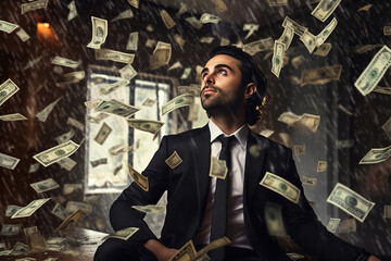 Wall Mural - Attractive businessman stands under money fly rain