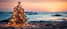 Beachside Australian Christmas Tree Adorned With Fairy Lights Blurred Background Perfect For Messaging