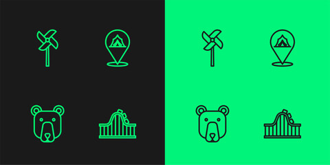 Wall Mural - Set line Roller coaster, Bear head, Pinwheel toy and Circus tent icon. Vector