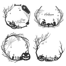 Halloween Black And White Circular Frame Concept With Tree Branches And Witch Hat