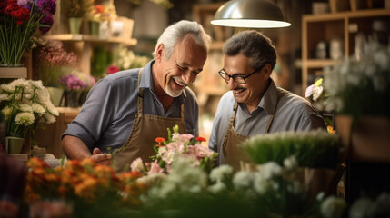 Owner of a flower shop talks to a customer to help him choose a bouquet of flowers