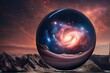eine mystische Glaskugel mit einem inneren Universum auf einem anderen Planeten