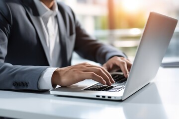 close-up of keyboard typing on a laptop computer working online on a white table in the office. face