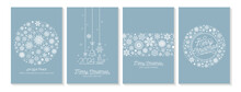 Merry Christmas Modern Elegant Card Set Greetings. White Snowflakes Textures On Blue Ice Background