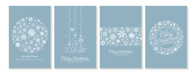Wall Mural - merry christmas modern elegant card set greetings. white snowflakes textures on blue ice background