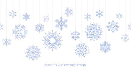 Wall Mural - blue winter seamless background with geometric snowflakes hanging from above. full vector illustrati