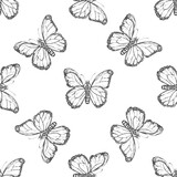 Fototapeta Motyle - Hand drawn butterfly seamless pattern. Monochrome insects doodle. Black and white vintage elements. Vector sketch. Detailed retro style.