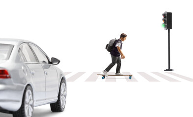 Wall Mural - Full length profile shot of a schoolboy riding a skateboard at a pedestrian crossing