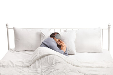 Poster - Man wearing a mask and sleeping alone in a double bed