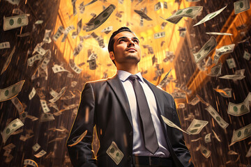 Wall Mural - Attractive businessman stands under money fly rain