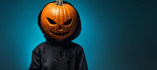 Wall Mural - Happy Halloween greeting card - Man or boy with black hoodie and carved halloween pumpkin, jack-o-lantern head, isolated on blue background