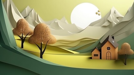 3d paper cut forest landscape mountain paper cut style natural landscape scene illustration