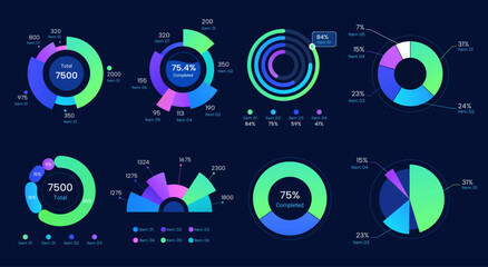 Set of colorful dark cool pie charts, visual chart, Neon color chart.