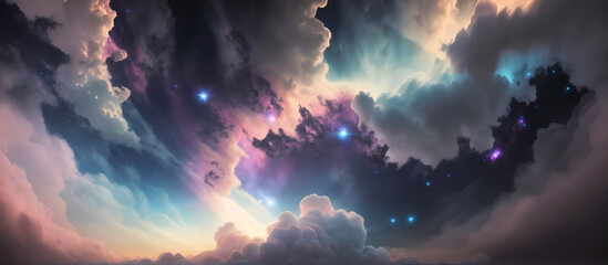 Wall Mural - cloudscape resembling a cosmic nebula, with stars forming constellations amidst the billowing clouds