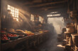 Typical local market from medieval times, sun rays appearing between the stalls, small business farmer, business concept, generative ai