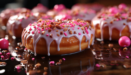 Poster - Indulgent gourmet dessert, a sweet pink donut with chocolate icing generated by AI