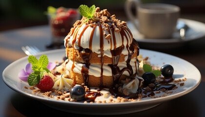 Wall Mural - Freshness and sweetness on a plate, a gourmet chocolate dessert generated by AI