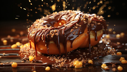 Indulgent homemade dessert: dark chocolate donut on rustic wooden plate generated by AI