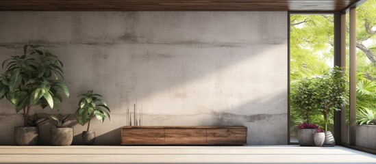 Contemporary loft room with garden view featuring concrete floors and wooden ceiling